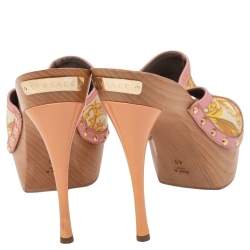 Versace Multicolor Barocco Printed Leather Clog Platform Sandals Size 40