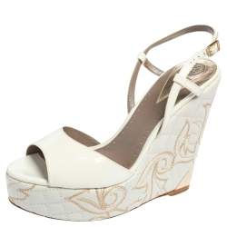 Versace White Patent Leather Quilted Wedge Platform Sandals Size 40