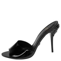 مملوكة مسبقًا Versace Black Patent Leather Medusa Heel Slide Sandals Size 40 