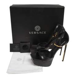 Pre Owned Versace Black Leather Pin Buckle Detail Ankle Strap Platform Sandals Size 38