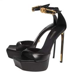Pre Owned Versace Black Leather Pin Buckle Detail Ankle Strap Platform Sandals Size 38