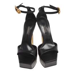 Pre Owned Versace Black Leather Pin Buckle Detail Ankle Strap Platform Sandals Size 38
