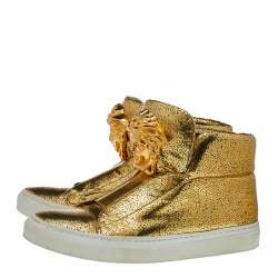 Versace Metallic Gold Crackle Leather Medusa High Top Sneakers Size 35.5