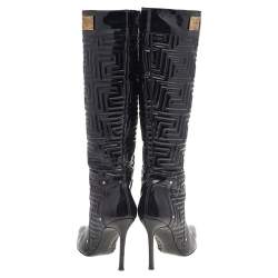 Pre Owned Versace Black Patent Quilted Leather Pointed Toe Knee Length Boots Size 39