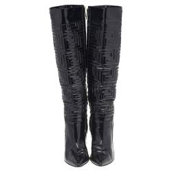 Pre Owned Versace Black Patent Quilted Leather Pointed Toe Knee Length Boots Size 39
