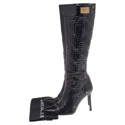 Pre Owned Versace Black Patent Quilted Leather Pointed Toe Knee Length Boots Size 39