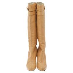 Pre Owned Versace Beige Leather Medusa Knee Length Boots Size 38