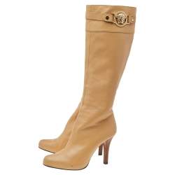 Pre Owned Versace Beige Leather Medusa Knee Length Boots Size 38