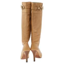 Pre Owned Versace Beige Leather Medusa Knee Length Boots Size 38