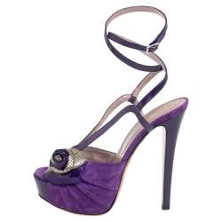 Versace Purple Suede And Patent Leather Platform  Ankle Strap Sandals Size 36