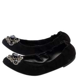 Versace Black Suede Embellished Scrunch Ballet Flats Size 39