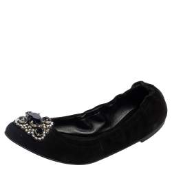 Versace Black Suede Embellished Scrunch Ballet Flats Size 39