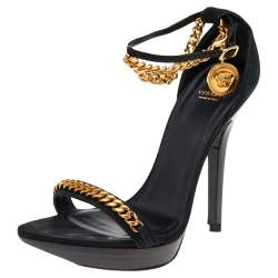 Versace Black Suede Medusa Chain Ankle Strap Sandals Size 38