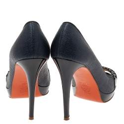 Pre Owned Versace Navy Blue/Black Raffia And Patent Leather Peep Toe Pumps Size 38
