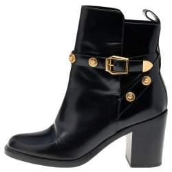 Pre Owned Versace Black Leather Medusa Ankle Length Boots Size 37
