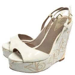 Versace White Patent Leather Quilted Wedge Platform Sandals Size 38