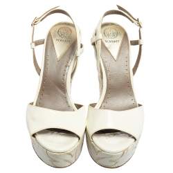 Versace White Patent Leather Quilted Wedge Platform Sandals Size 38