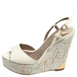 Versace White Patent Leather Quilted Wedge Platform Sandals Size 38