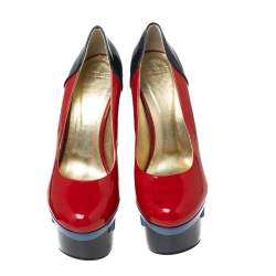 Pre Owned Versace Red/Navy Blue Patent Leather Triple Platform Sky High Pumps Size 37