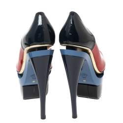 Pre Owned Versace Red/Navy Blue Patent Leather Triple Platform Sky High Pumps Size 37