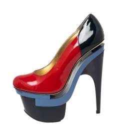 Pre Owned Versace Red/Navy Blue Patent Leather Triple Platform Sky High Pumps Size 37