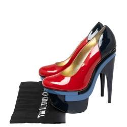Pre Owned Versace Red/Navy Blue Patent Leather Triple Platform Sky High Pumps Size 37