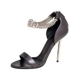 Pre Owned Versace Metallic Grey Leather Medusa Chain Ankle Strap Sandals Size 38