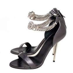 Pre Owned Versace Metallic Grey Leather Medusa Chain Ankle Strap Sandals Size 38