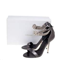 Pre Owned Versace Metallic Grey Leather Medusa Chain Ankle Strap Sandals Size 38