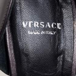 Pre Owned Versace Metallic Grey Leather Medusa Chain Ankle Strap Sandals Size 38