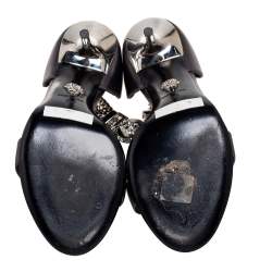 Pre Owned Versace Metallic Grey Leather Medusa Chain Ankle Strap Sandals Size 38