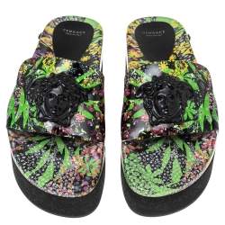 Versace Multicolor Flower Print Patent Leather Medusa Slide Sandals Size 39