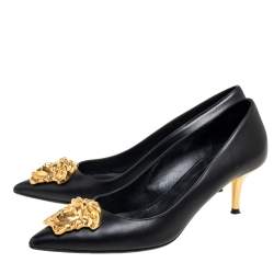 Pre Owned Versace Black Leather Medusa Head Pointed-Toe Pumps Size 38