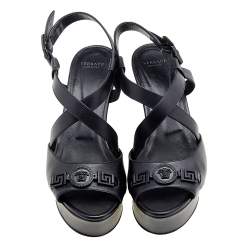 Versace Black Leather Wedge Criss Cross Platform Sandals Size 39