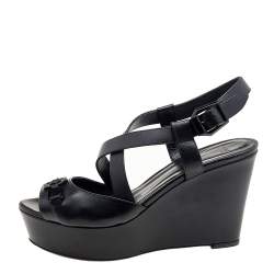 Versace Black Leather Wedge Criss Cross Platform Sandals Size 39
