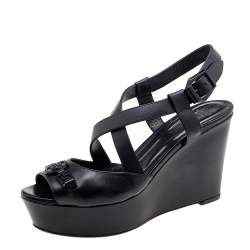 Versace Black Leather Wedge Criss Cross Platform Sandals Size 39