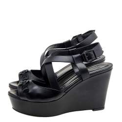 Versace Black Leather Wedge Criss Cross Platform Sandals Size 39