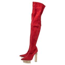 Pre Owned Versace Red Suede Platform Over The Knee Boots Size 39