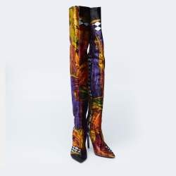 Pre Owned Versace Multicolor Velvet Pointed Toe Over The Knee Boots Size 37