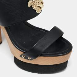 Versace Black Leather Medusa Wooden Block Heel Platform  Sandals Size 40