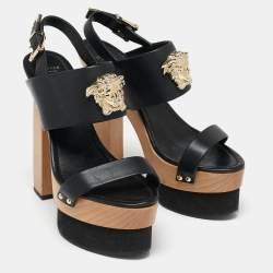 Versace Black Leather Medusa Wooden Block Heel Platform  Sandals Size 40