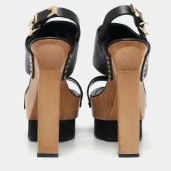 Versace Black Leather Medusa Wooden Block Heel Platform  Sandals Size 40
