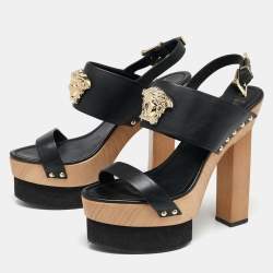 Versace Black Leather Medusa Wooden Block Heel Platform  Sandals Size 40