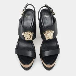 Versace Black Leather Medusa Wooden Block Heel Platform  Sandals Size 40