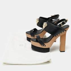 Versace Black Leather Medusa Wooden Block Heel Platform  Sandals Size 40