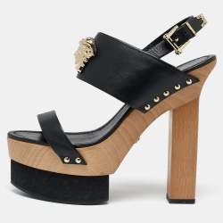 Versace Black Leather Medusa Wooden Block Heel Platform  Sandals Size 40
