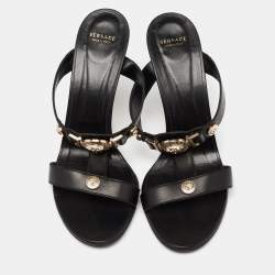 Pre Owned Versace Black Leather Medusa Slide Sandals Size 40