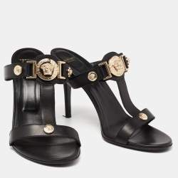 Pre Owned Versace Black Leather Medusa Slide Sandals Size 40