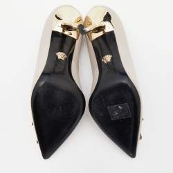 Pre Owned Versace Grey Leather Medusa Pointed Toe Pumps Size 36.5