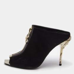 Pre Owned Versace Black Suede Medusa Zip Mule Sandals Size 38